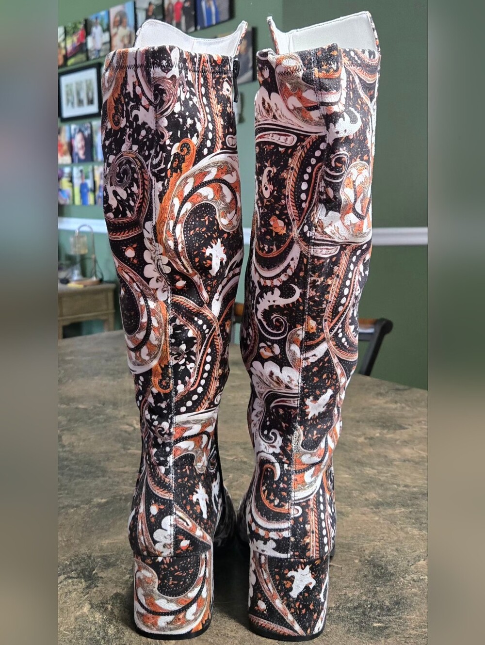 Women's Paisley Pattern Knee-High Heeled Boots #1274 - Picture 4 of 8